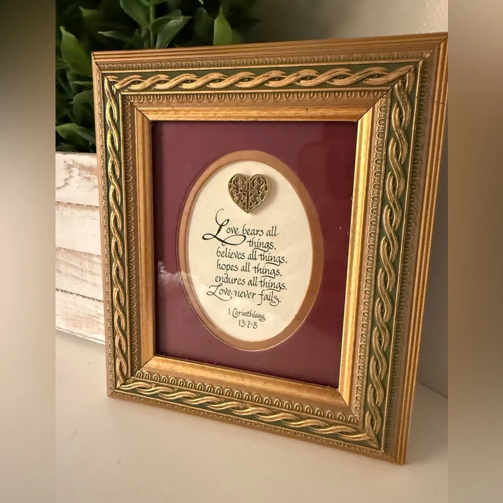 Bible Verse from 1 Corinthians 13:7–8 in an Ornate GoldTone Frame w/Burgundy Mat